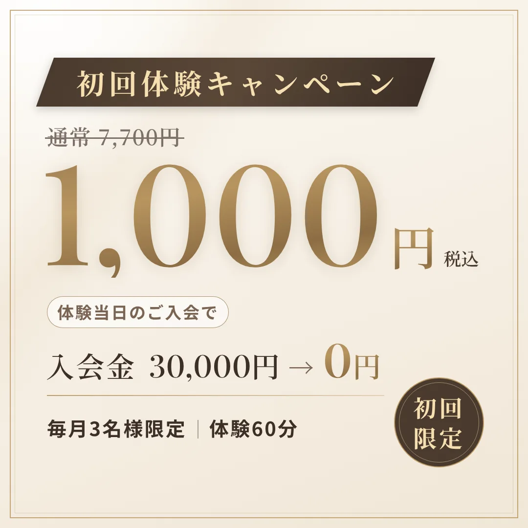 初回体験キャンペーン。通常7,700円の初回体験(60分)が1,000円(税込)。体験当日のご入会で入会金30,000円が0円。毎月3名様限定
